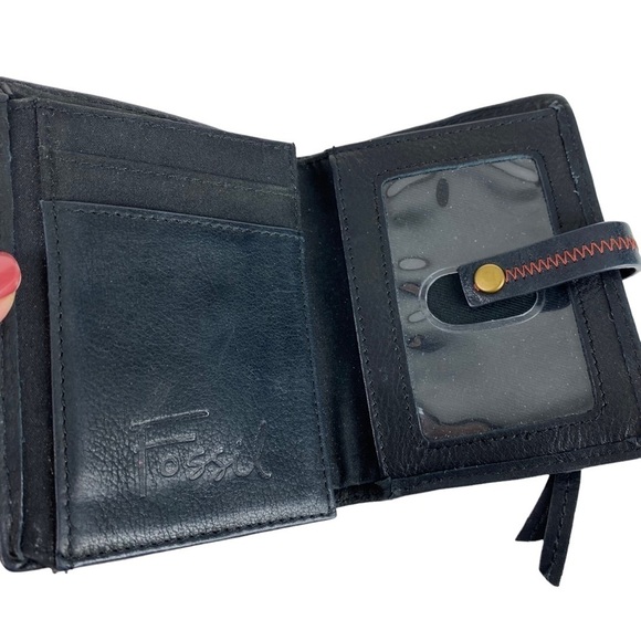 Fossil Leather Patchwork Wallet Black Brown Trifold - Picture 3 of 5